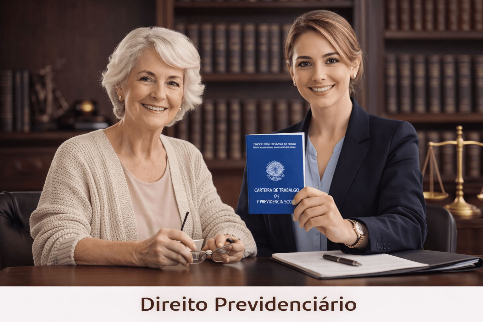 Advogada em atendimento de Direito Previdenciário com cliente idosa